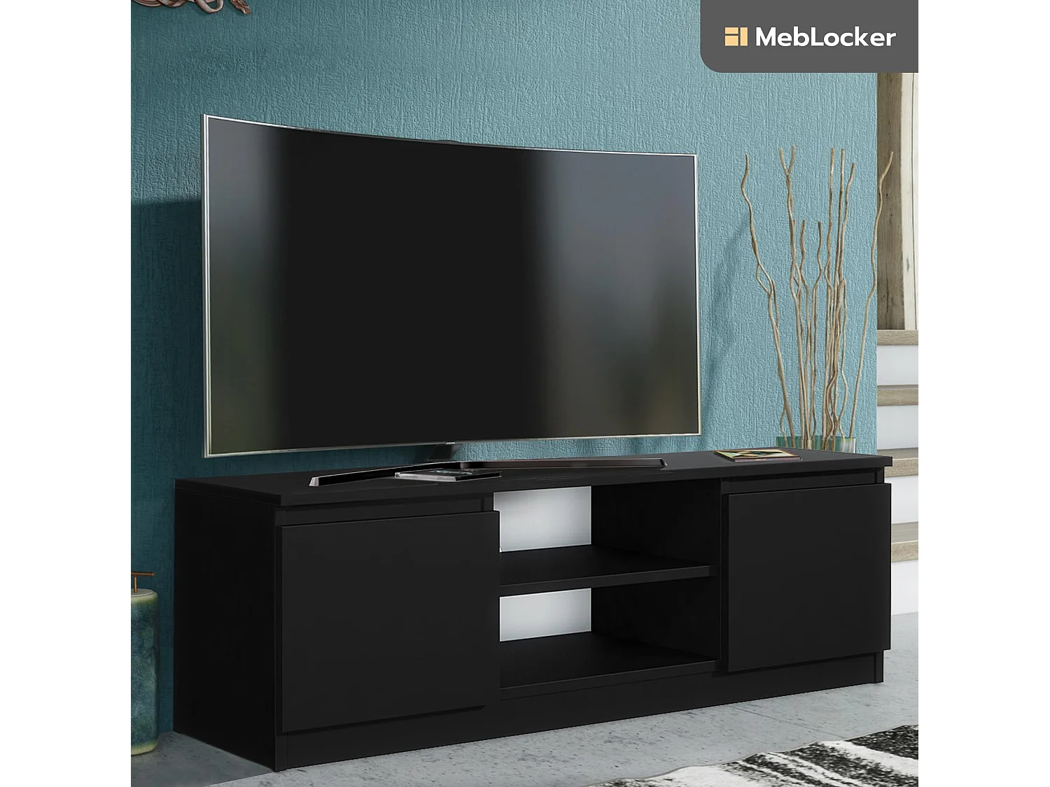 MebLocker TV-Ständer-Länge Schwarz 120,4 x 39 x 38,5 cm - Wohnzimmer-TV-Tisch - Moderner wandmontierter TV-Tisch - TV-Bank - Großer TV-Tisch Schlafzimmer