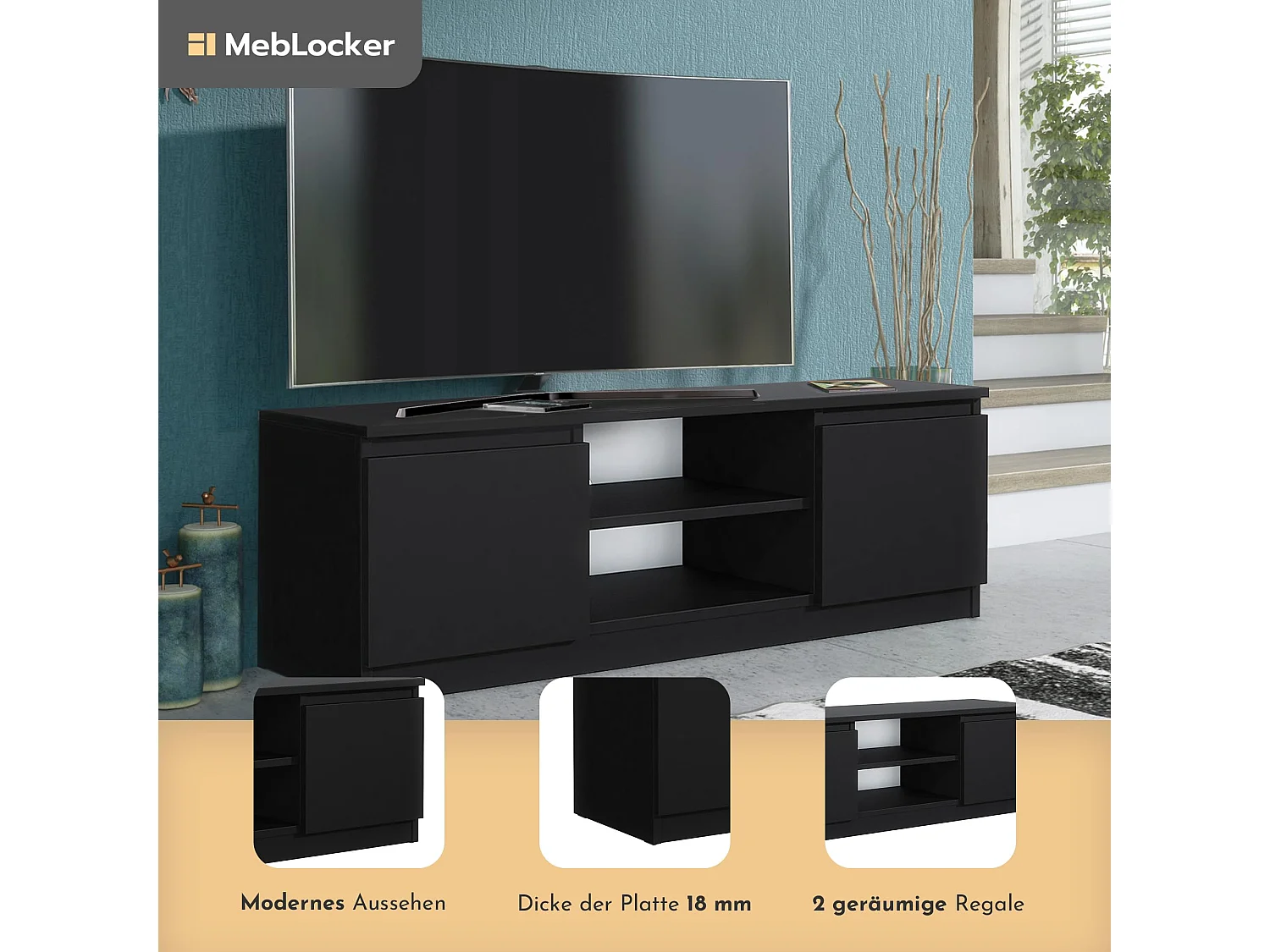 MebLocker TV-Ständer-Länge Schwarz 120,4 x 39 x 38,5 cm - Wohnzimmer-TV-Tisch - Moderner wandmontierter TV-Tisch - TV-Bank - Großer TV-Tisch Schlafzimmer
