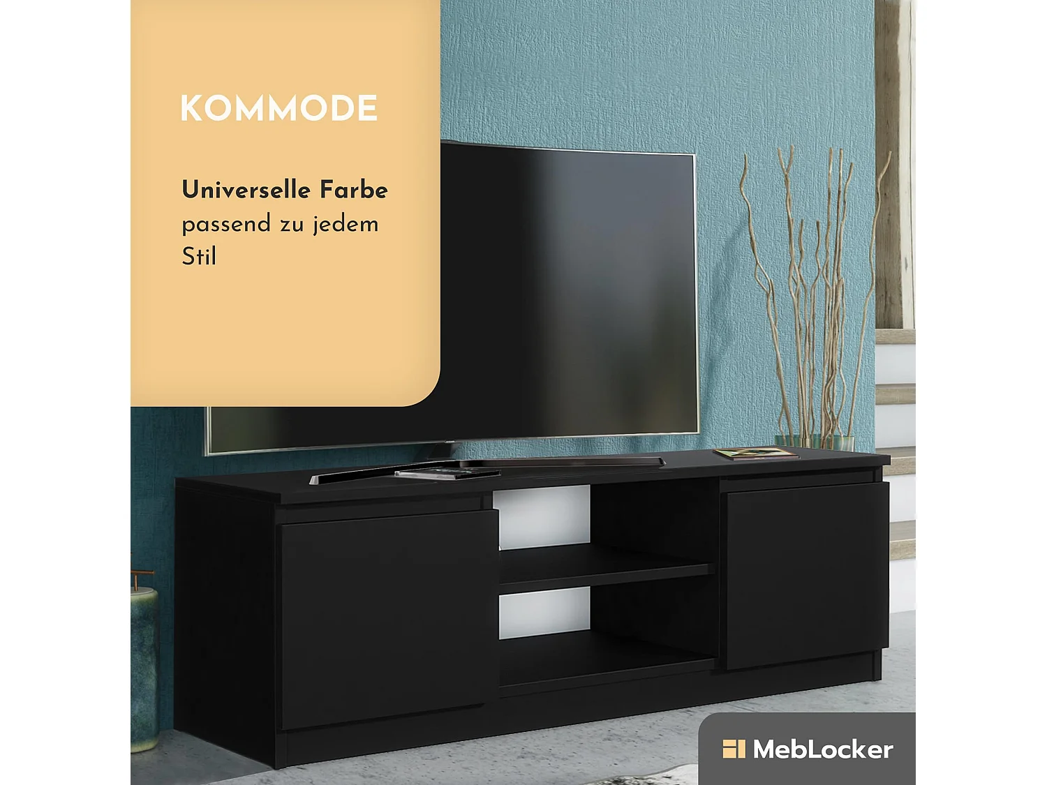 MebLocker TV-Ständer-Länge Schwarz 120,4 x 39 x 38,5 cm - Wohnzimmer-TV-Tisch - Moderner wandmontierter TV-Tisch - TV-Bank - Großer TV-Tisch Schlafzimmer