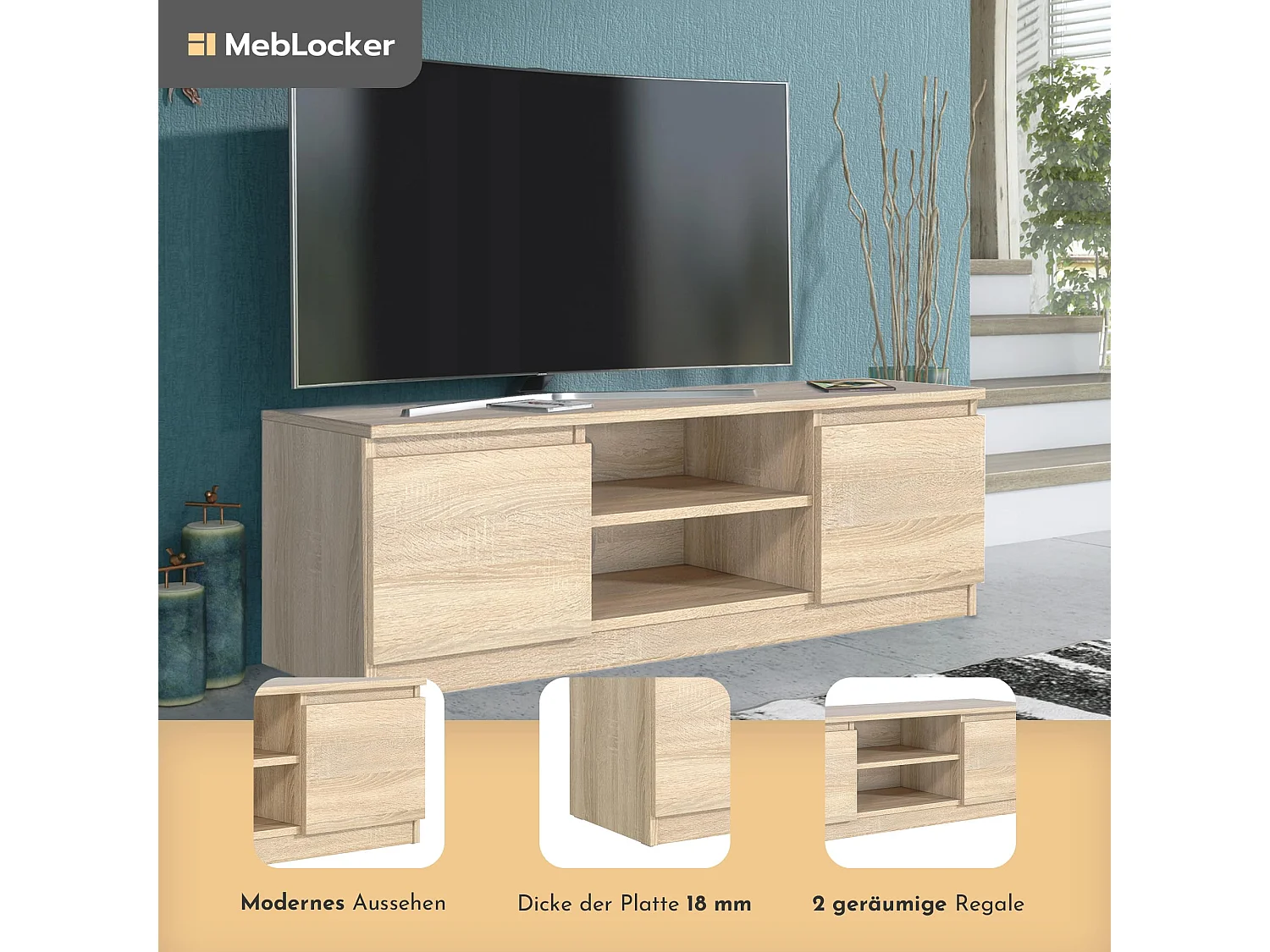 MebLocker TV-Ständer-Länge Sonoma Oak 120,4 x 39 x 38,5 cm - Wohnzimmer-TV-Tisch - Moderner wandmontierter TV-Tisch - TV-Bank