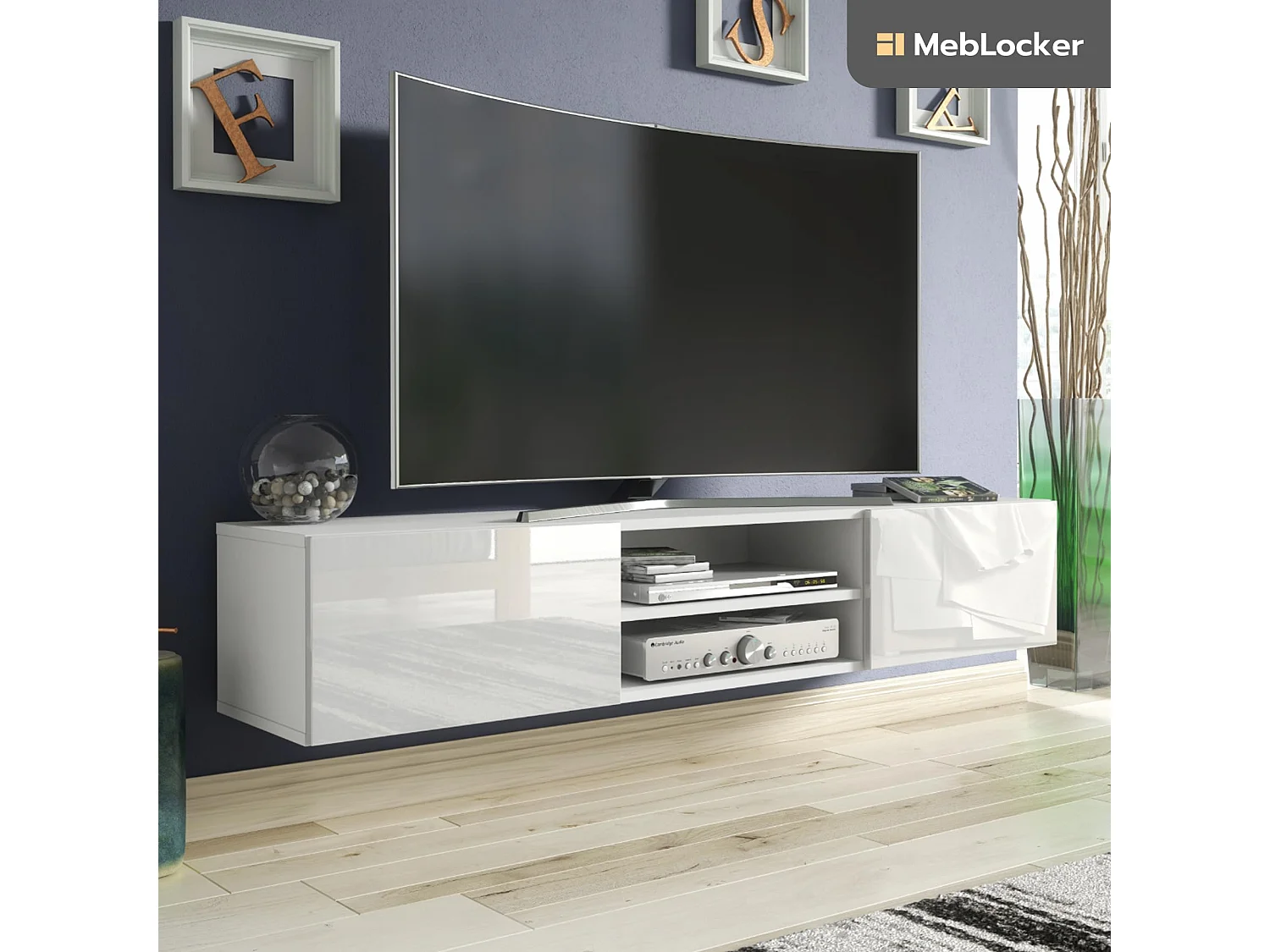 MebLocker Hängendes TV-Ständer in Weißlänge mit glänzenden Fronten 120 x 30 x 35 cm – Wohnzimmer-TV-Tisch – moderner wandmontierter TV-Ständer – TV-Bank