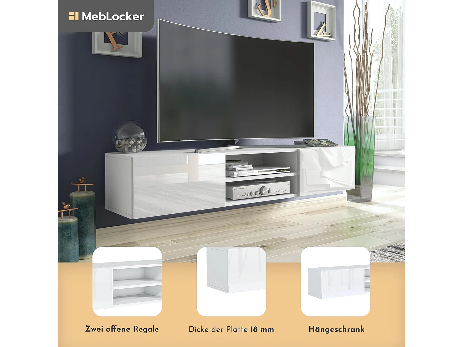 MebLocker Hängendes TV-Ständer in Weißlänge mit glänzenden Fronten 120 x 30 x 35 cm – Wohnzimmer-TV-Tisch – moderner wandmontierter TV-Ständer – TV-Bank