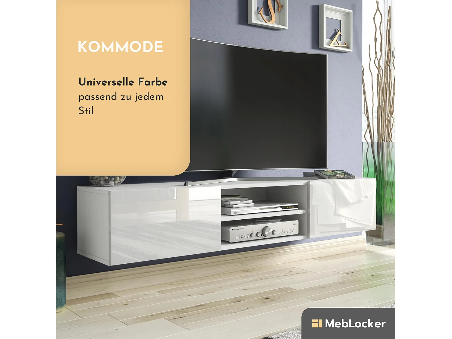 MebLocker Hängendes TV-Ständer in Weißlänge mit glänzenden Fronten 120 x 30 x 35 cm – Wohnzimmer-TV-Tisch – moderner wandmontierter TV-Ständer – TV-Bank