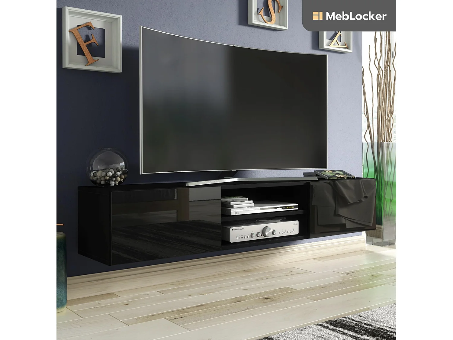 MebLocker TV-Ständer Nior mit glänzenden Fronten 120 x 30 x 35 cm – Wohnzimmer-TV-Tisch – moderner wandmontierter TV-Tisch – TV-Bank
