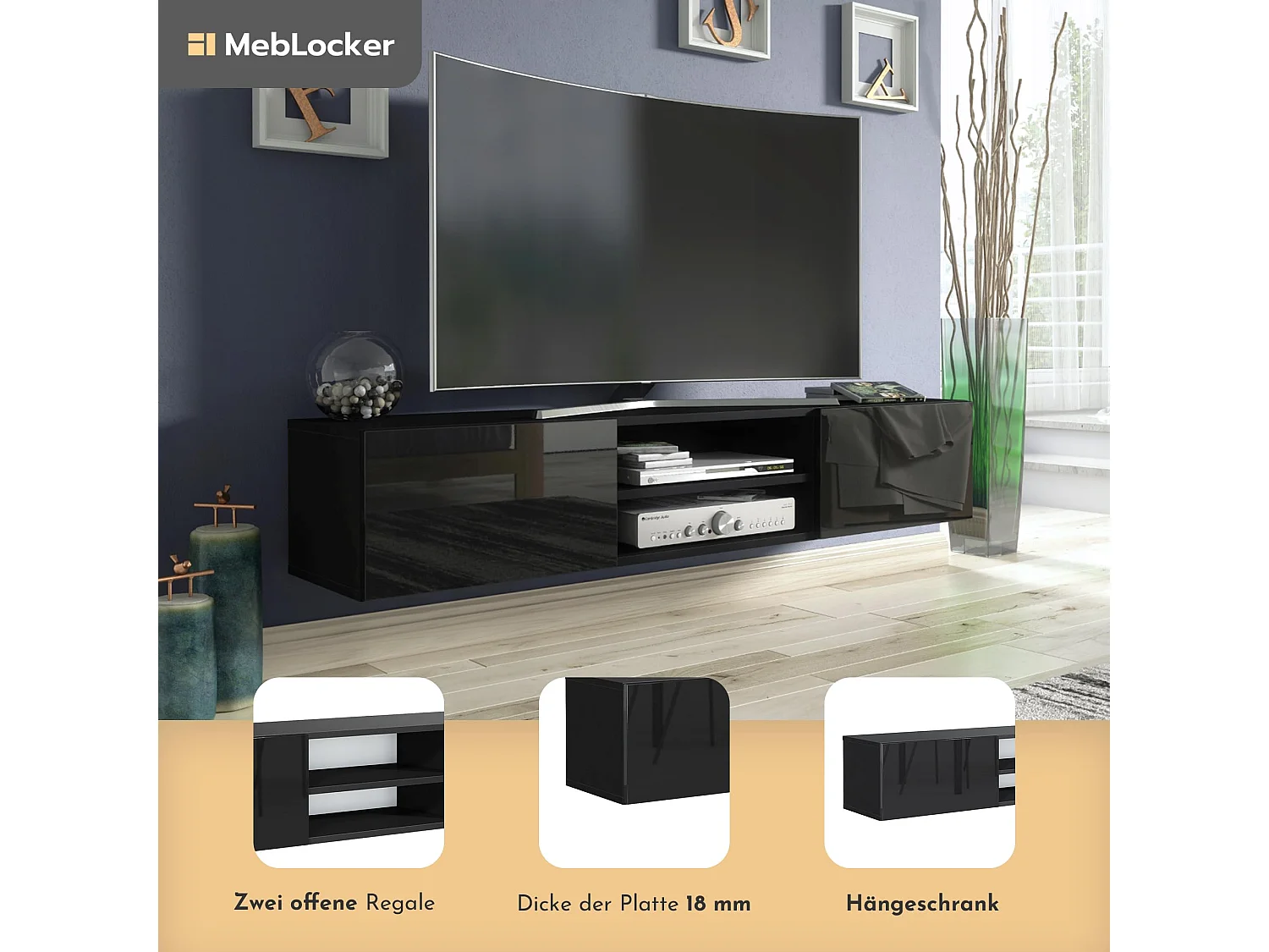 MebLocker TV-Ständer Nior mit glänzenden Fronten 120 x 30 x 35 cm – Wohnzimmer-TV-Tisch – moderner wandmontierter TV-Tisch – TV-Bank