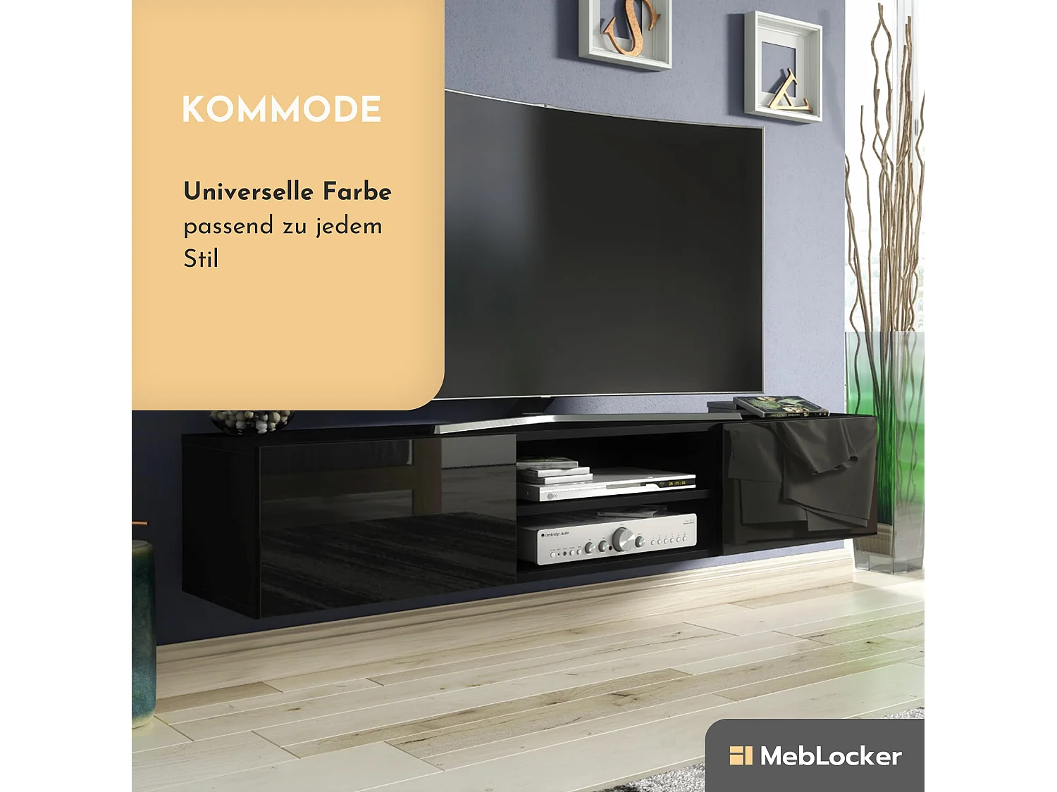 MebLocker TV-Ständer Nior mit glänzenden Fronten 120 x 30 x 35 cm – Wohnzimmer-TV-Tisch – moderner wandmontierter TV-Tisch – TV-Bank