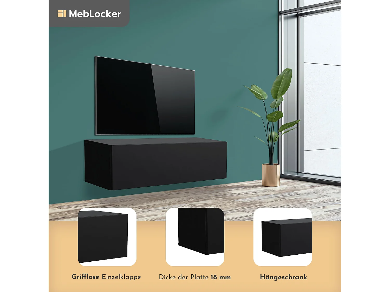 MebLocker Aufhängendes TV-Ständer-Länge Schwarz 100,2 x 36,5 x 30 cm – Wohnzimmer-TV-Tisch – moderner wandmontierter TV-Tisch – TV-Bank