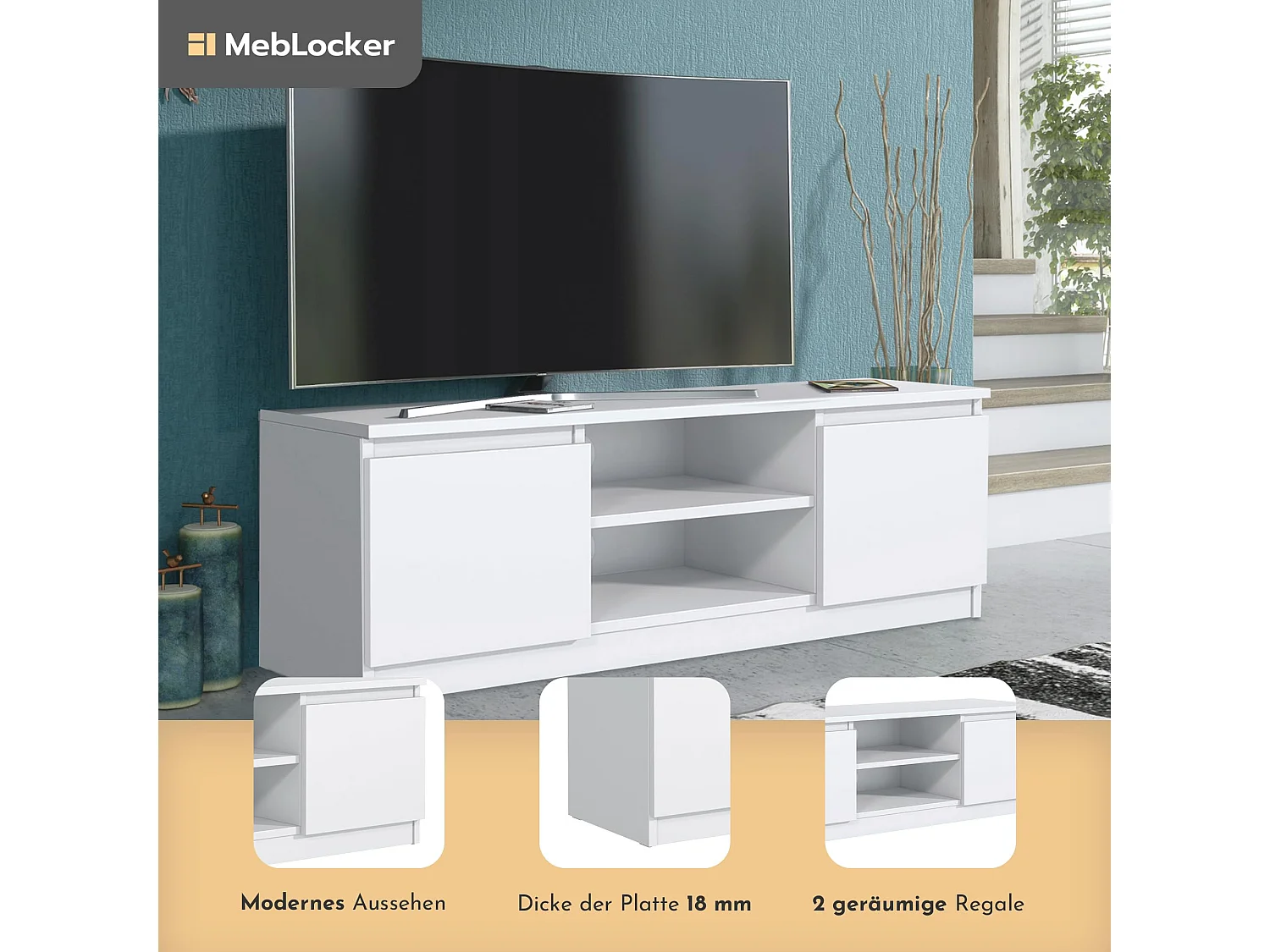 MebLocker TV-Ständer-Länge Weiß 120,4 x 39 x 38,5 cm - Wohnzimmer-TV-Tisch - Moderner wandmontierter TV-Tisch - TV-Tisch - Großer TV-Tisch Schlafzimmer