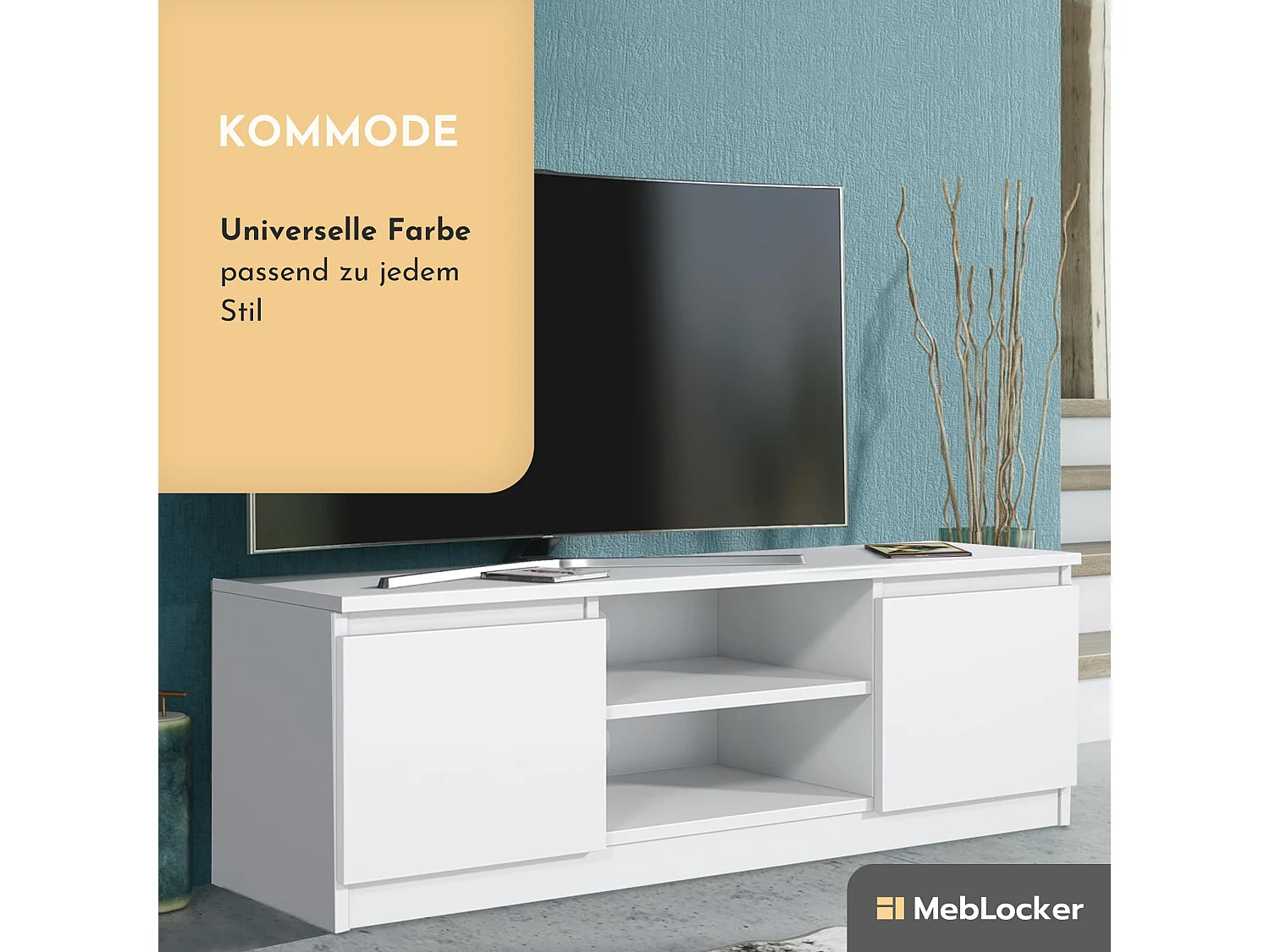 MebLocker TV-Ständer-Länge Weiß 120,4 x 39 x 38,5 cm - Wohnzimmer-TV-Tisch - Moderner wandmontierter TV-Tisch - TV-Tisch - Großer TV-Tisch Schlafzimmer