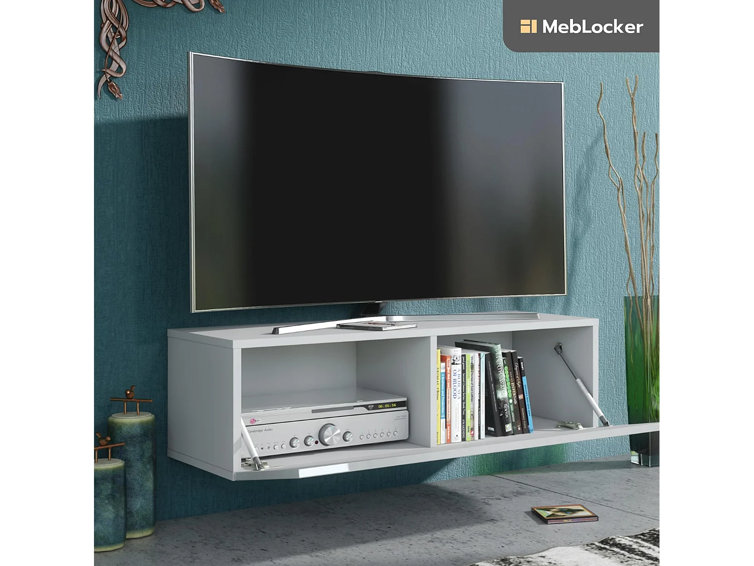 MebLocker Hängender TV-Ständer Länge Weiß 100,2 x 36,5 x 30 cm - Wohnzimmer-TV-Tisch - Moderner wandmontierter TV-Ständer - TV-Bank - Großer TV Schlafzimmerständer