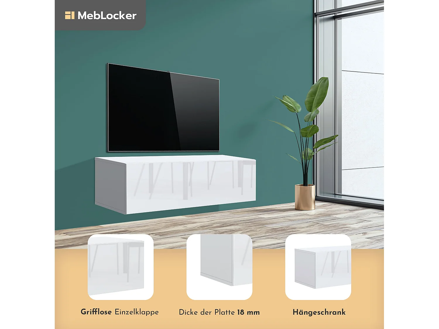 MebLocker Hängender TV-Ständer Länge Weiß 100,2 x 36,5 x 30 cm - Wohnzimmer-TV-Tisch - Moderner wandmontierter TV-Ständer - TV-Bank - Großer TV Schlafzimmerständer