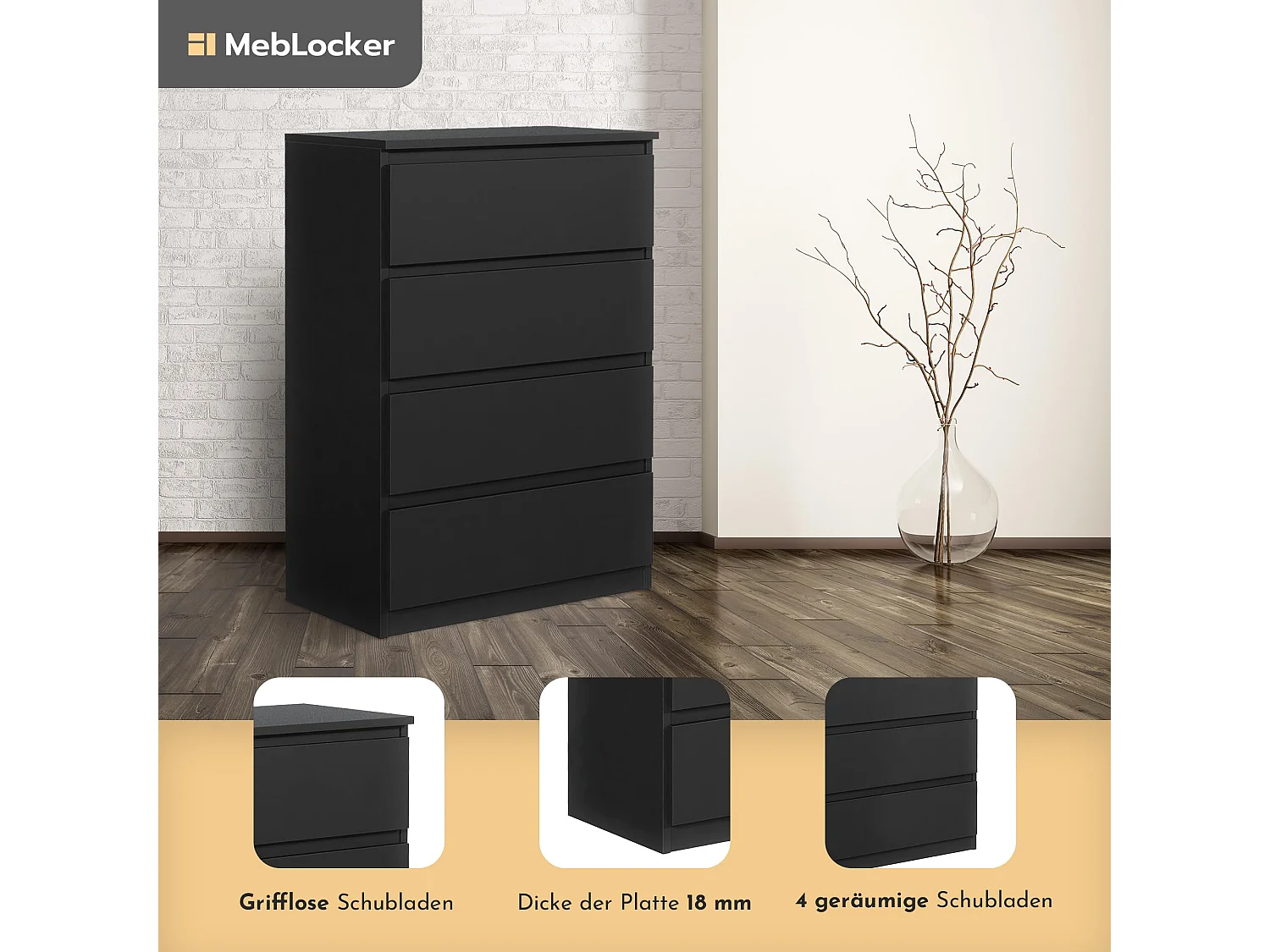 MebLocker 4-lades ladekast, ideaal voor woonkamer, slaapkamer, kinderbadkamer, tienerkamer en kantoor, (zwart)