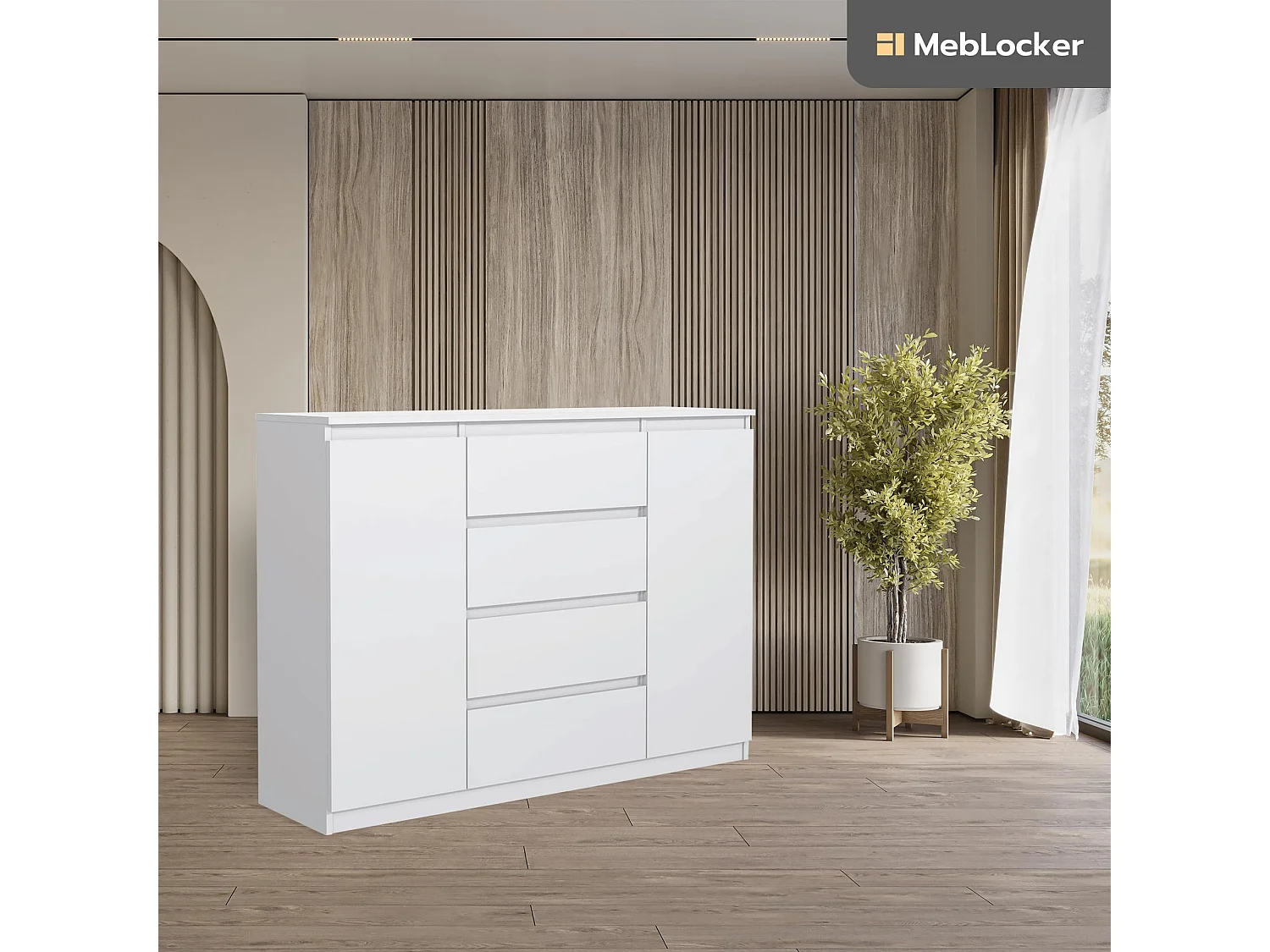 MebLocker ladekast met 4 lades, 2 deuren, 140 cm, ideaal voor de woonkamer, slaapkamer, kinderkamer en kantoor, moderne en elegante oplossing (wit)