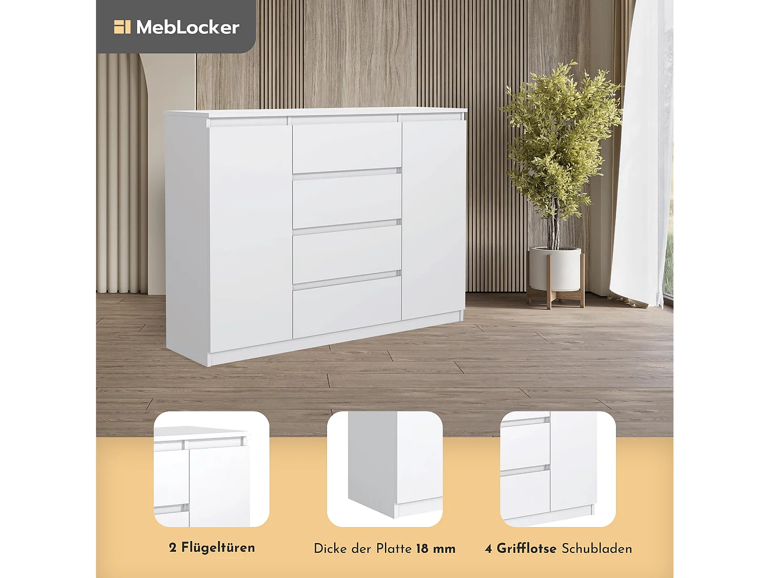 MebLocker ladekast met 4 lades, 2 deuren, 140 cm, ideaal voor de woonkamer, slaapkamer, kinderkamer en kantoor, moderne en elegante oplossing (wit)