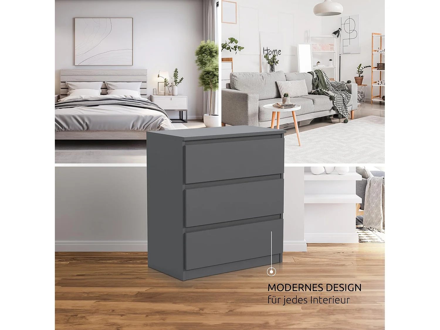 MebLocker Cómoda con 3 cajones Ideal para salón, dormitorio, habitación infantil, habitación de adolescentes y oficina Solución moderna (antracita)