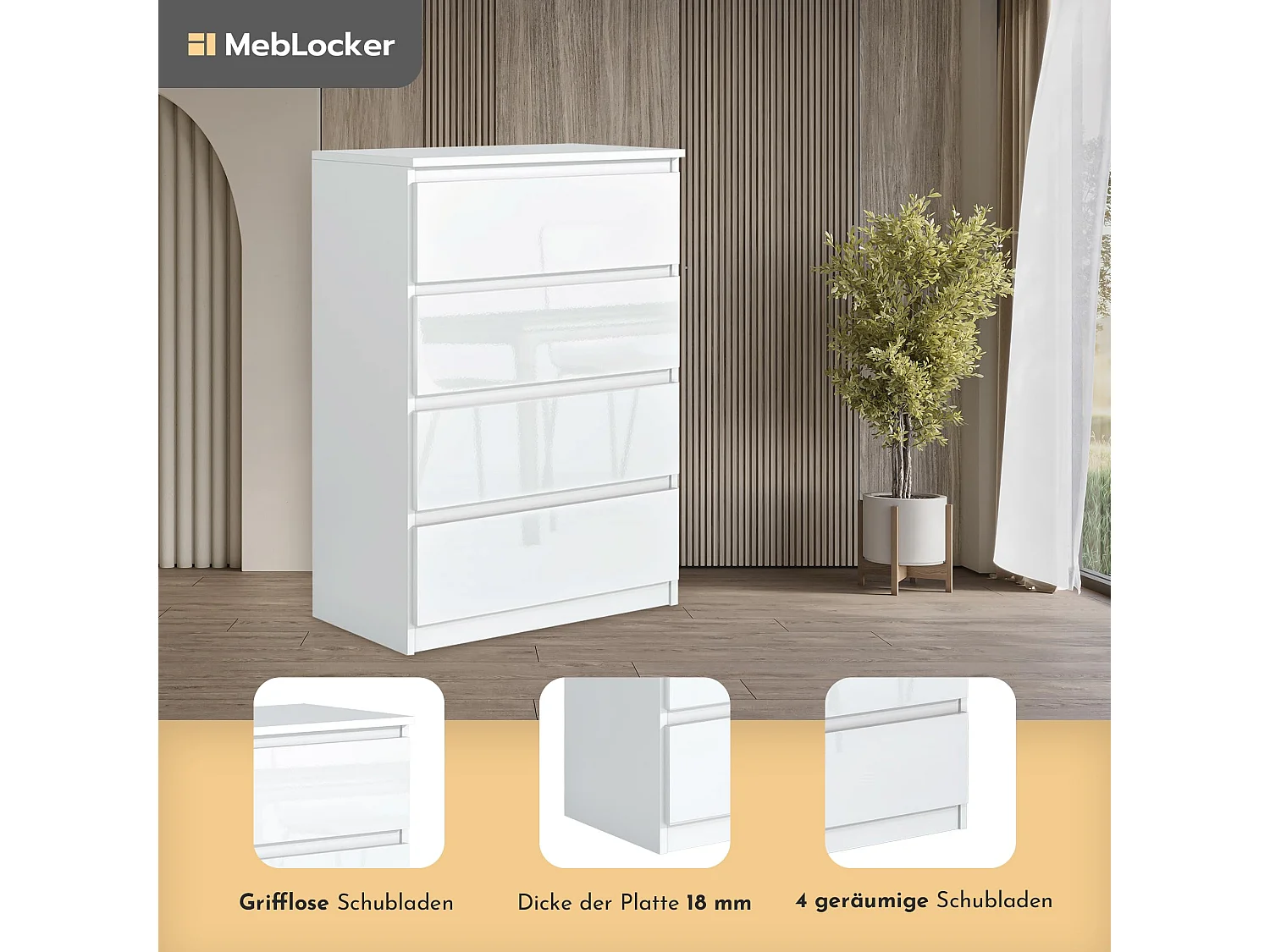 MebLocker 4-ladekast met 4 lades, ideaal voor woonkamer, slaapkamer, kinderruimte, tienerkamer en kantoor