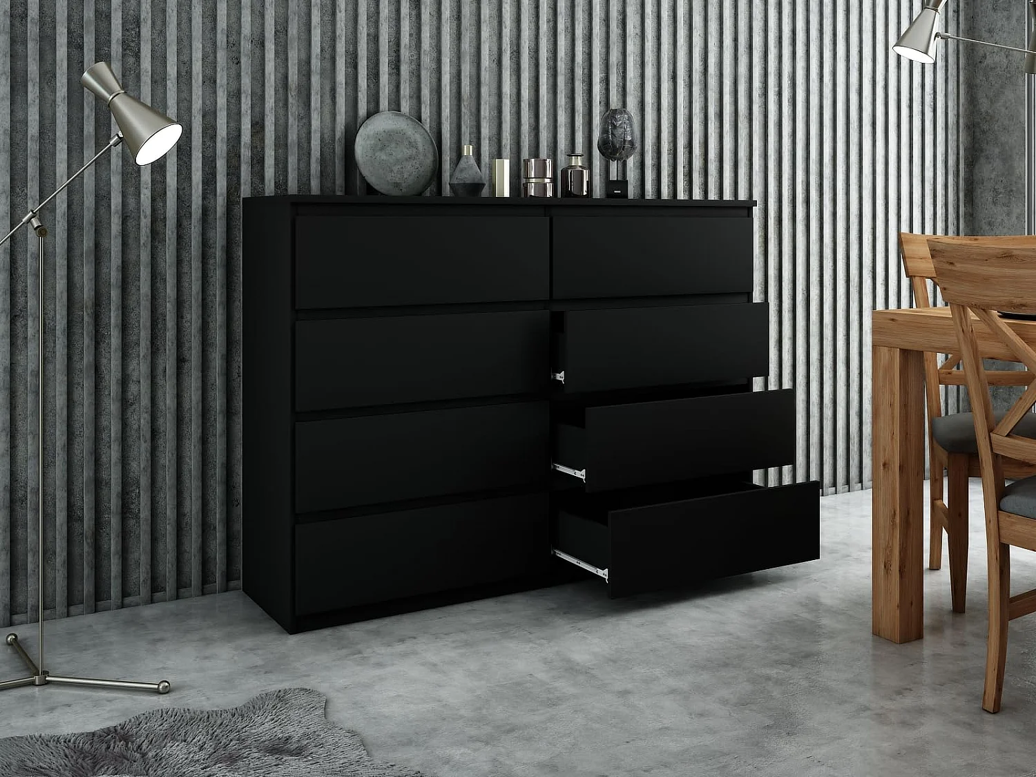 MebLocker Cómoda de 8 cajones 100 cm - Negro - Diseño minimalista - 100x39x101,5 cm - Amplio armario de almacenamiento para dormitorio, salón u oficina