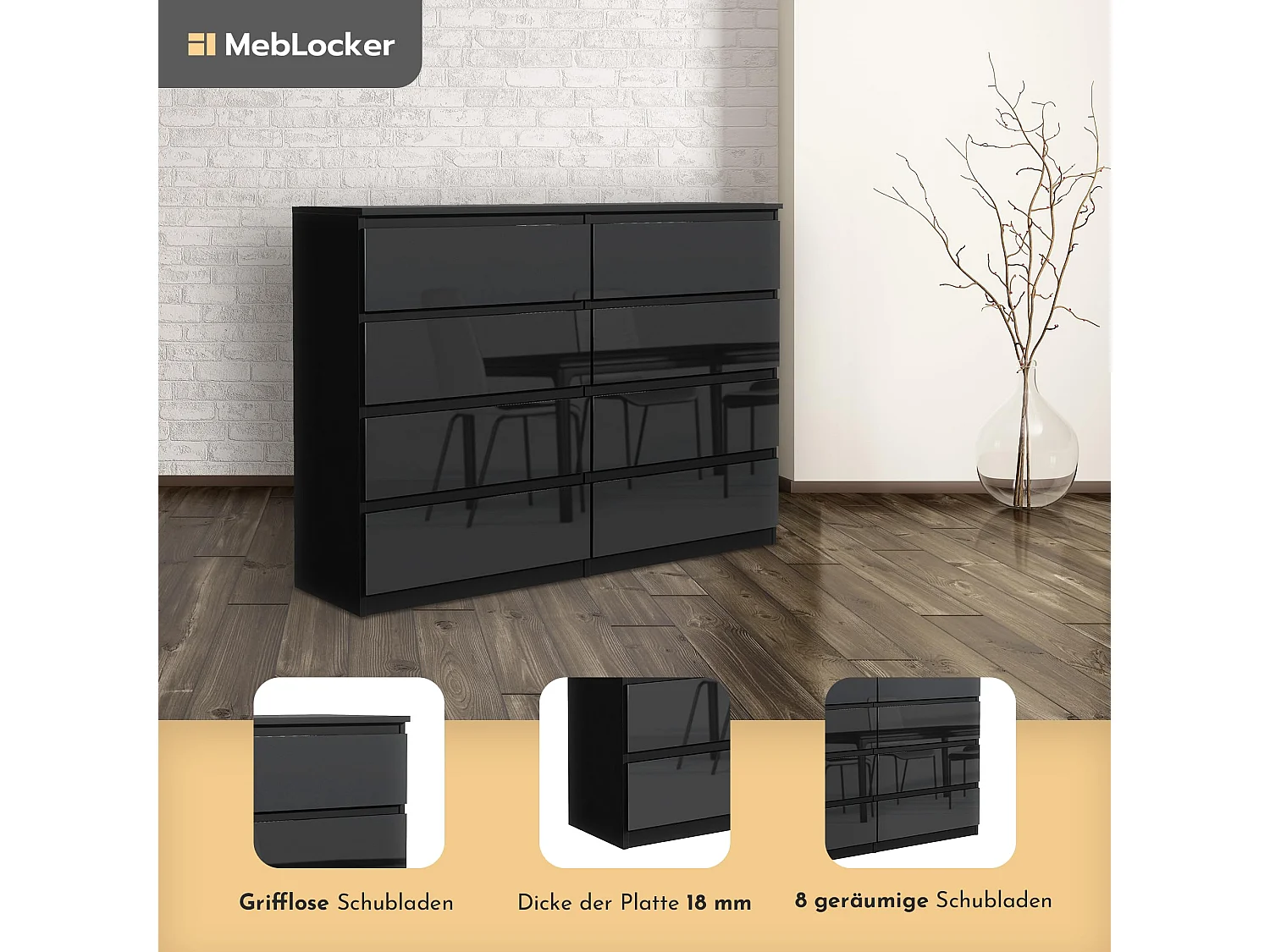 MebLocker ladekast met 8 lades, 140 cm, ideaal voor woonkamer, slaapkamer, kinderkamer, tienerkamer (Nior met glanzende voorkanten)