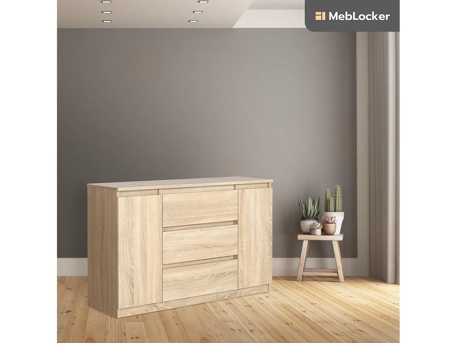 MebLocker Cómoda con 3 cajones, 2 puertas, 120 cm, ideal para el salón, dormitorio, habitación infantil y oficina, solución moderna y elegante