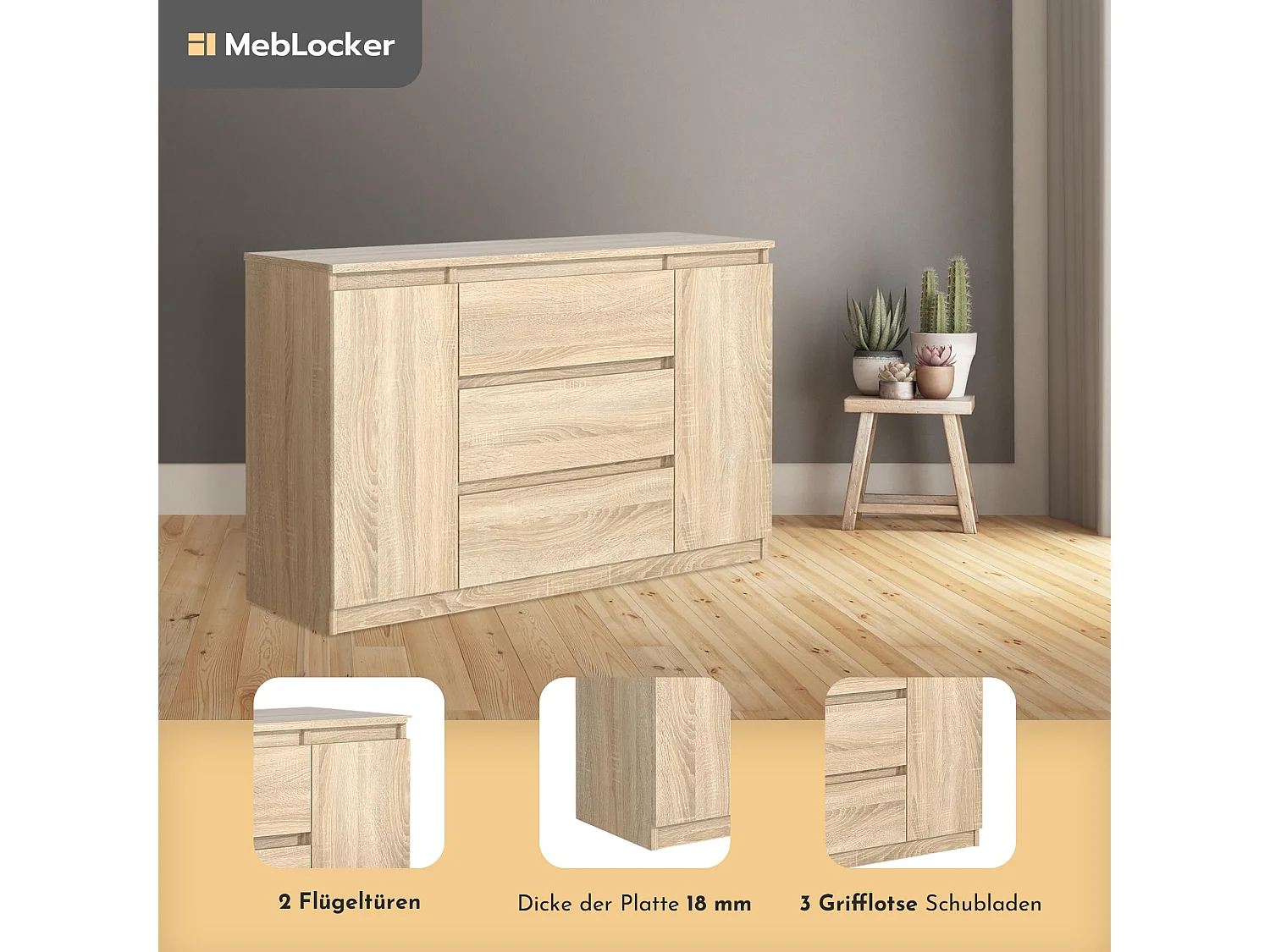 MebLocker Cómoda con 3 cajones, 2 puertas, 120 cm, ideal para el salón, dormitorio, habitación infantil y oficina, solución moderna y elegante