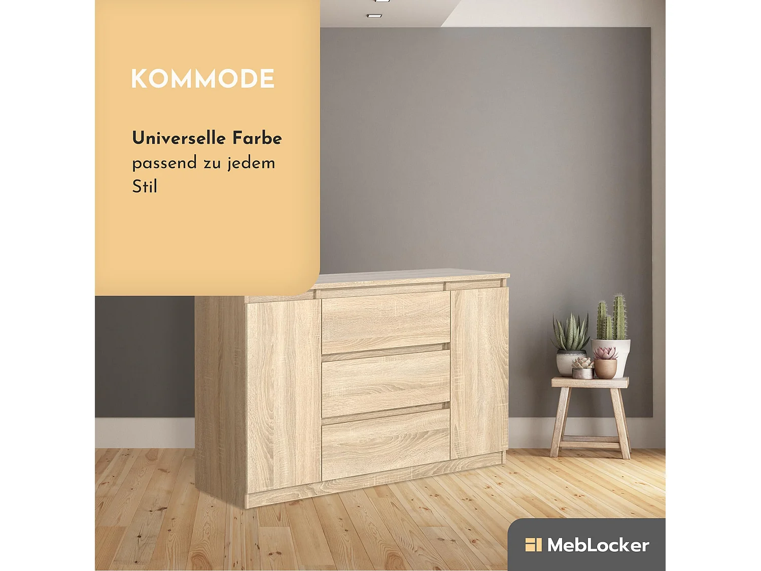 MebLocker Cómoda con 3 cajones, 2 puertas, 120 cm, ideal para el salón, dormitorio, habitación infantil y oficina, solución moderna y elegante