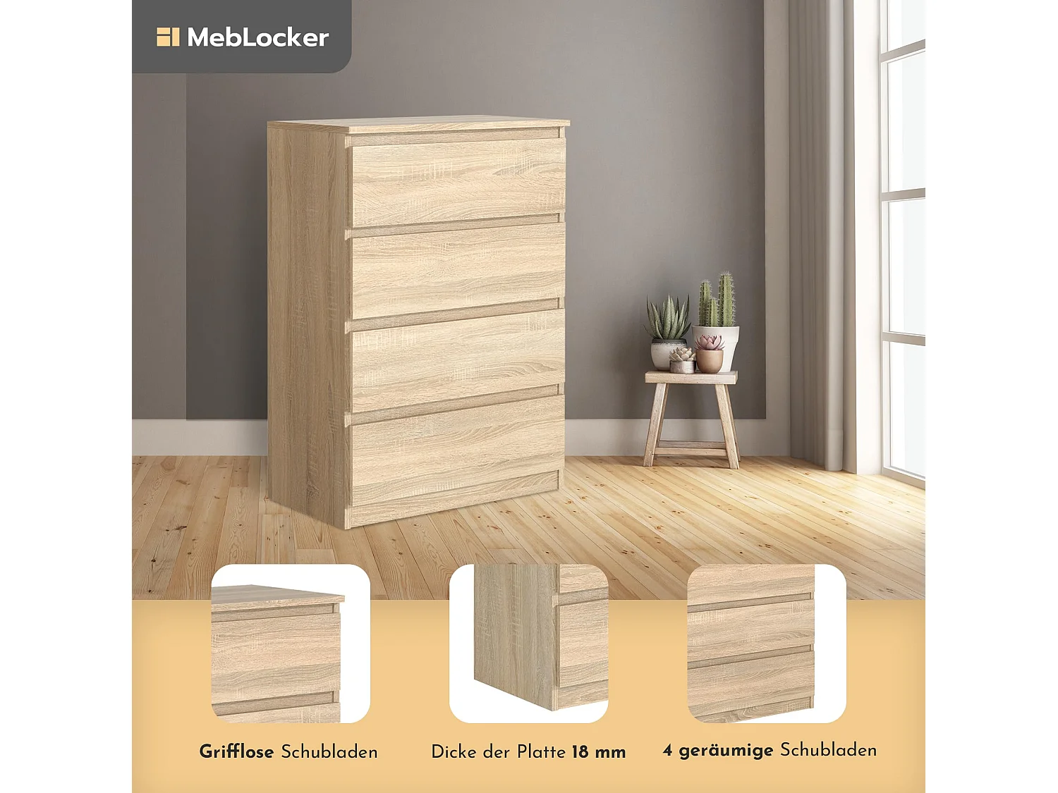 MebLocker 4-lades ladekast, ideaal voor woonkamer, slaapkamer, kinderbadkamer, tienerkamer en kantoor (Sonoma Oak)