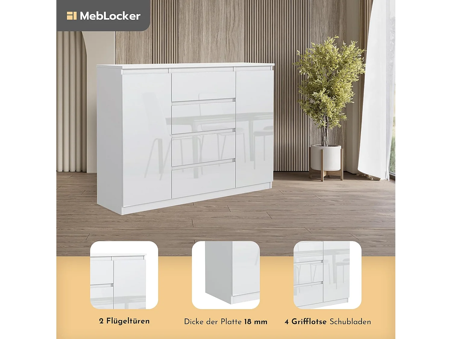 MebLocker ladekast met 4 lades, 2 deuren, 140 cm, ideaal voor de woonkamer, slaapkamer, kinderkamer en kantoor,