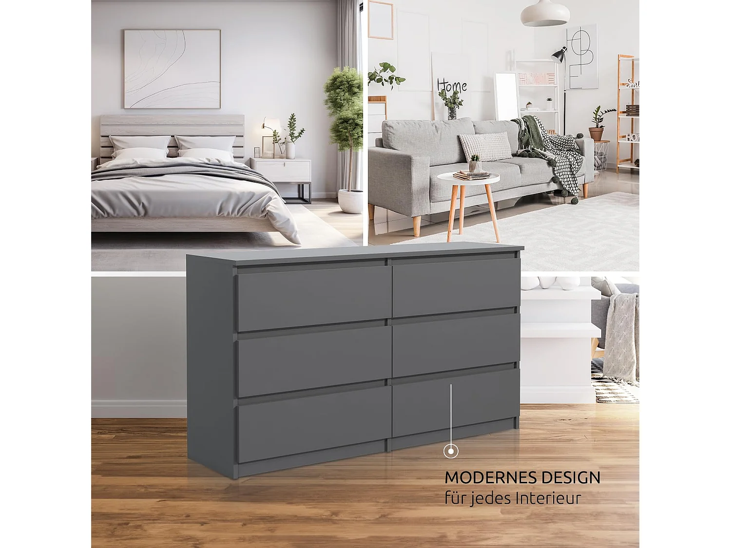 MebLocker Commode 6 Tiroirs Anthracite 120 cm - Design Minimaliste - 120 x 39 x 78,5 cm - Meuble de Rangement Spacieux pour Chambre Salon ou Bureau
