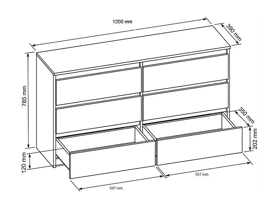 MebLocker Cómoda de 6 cajones blanca 120 cm - diseño minimalista - 120 x 39 x 78,5 cm - armario espacioso para dormitorio, salón u oficina