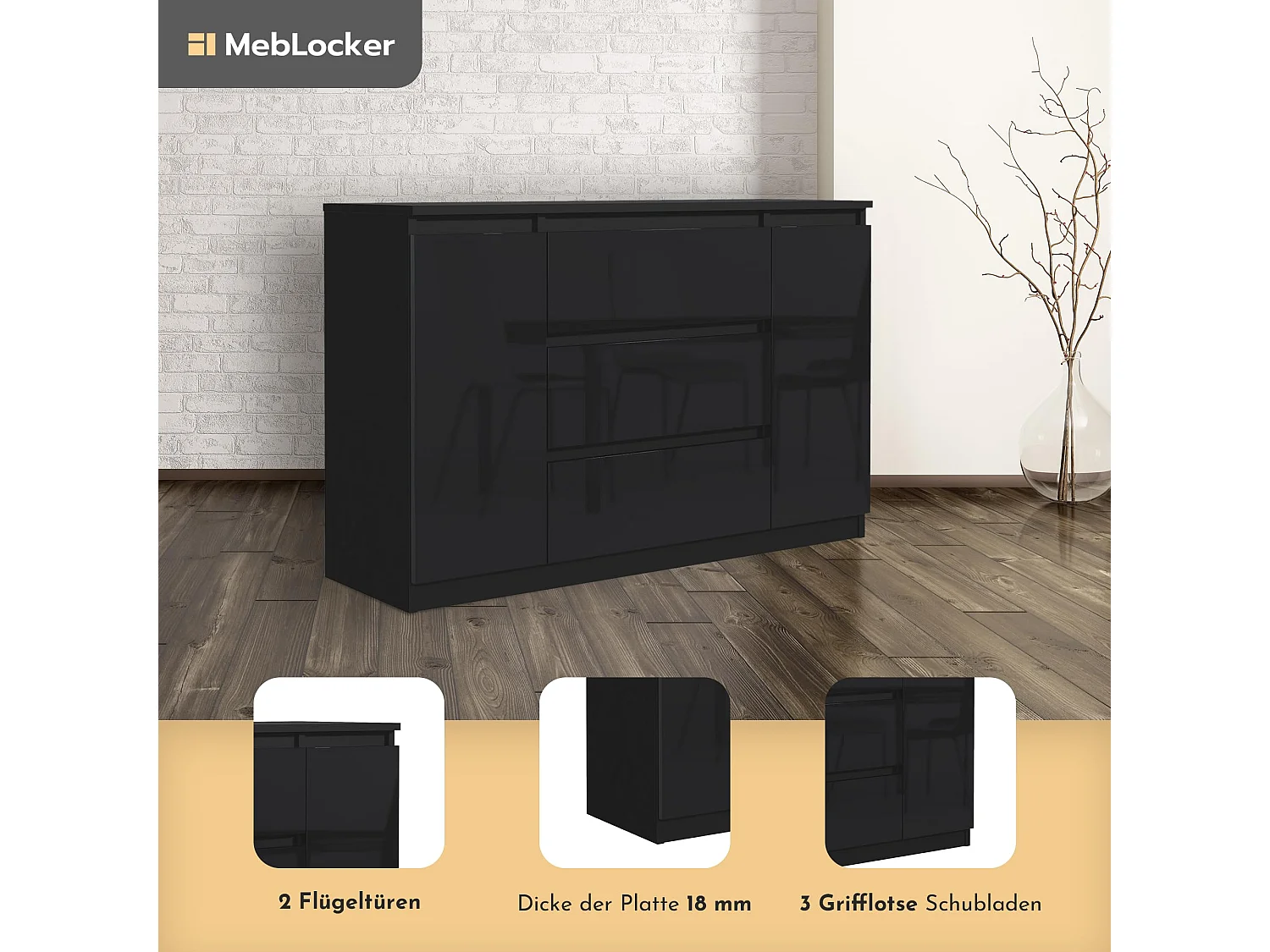 MebLocker Commode à 3 tiroirs, 2 Portes, 120 cm, idéale pour Le Salon, la Chambre à Coucher, la Chambre d'enfant et Le Bureau,