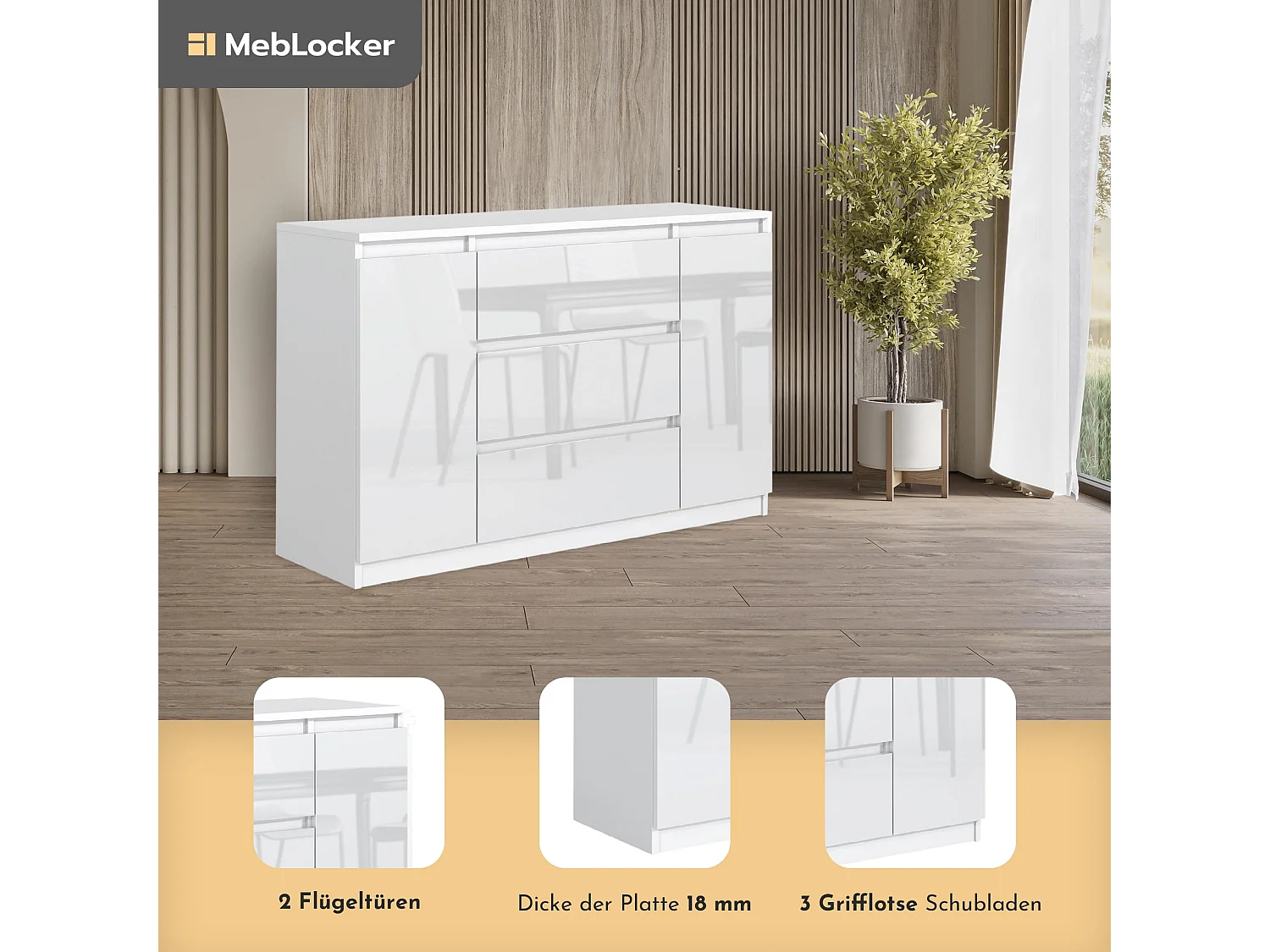MebLocker Kommode mit 3 Schubladen, 2 Türen, 120 cm, ideal für Wohnzimmer, Schlafzimmer, Kinderzimmer und Büro