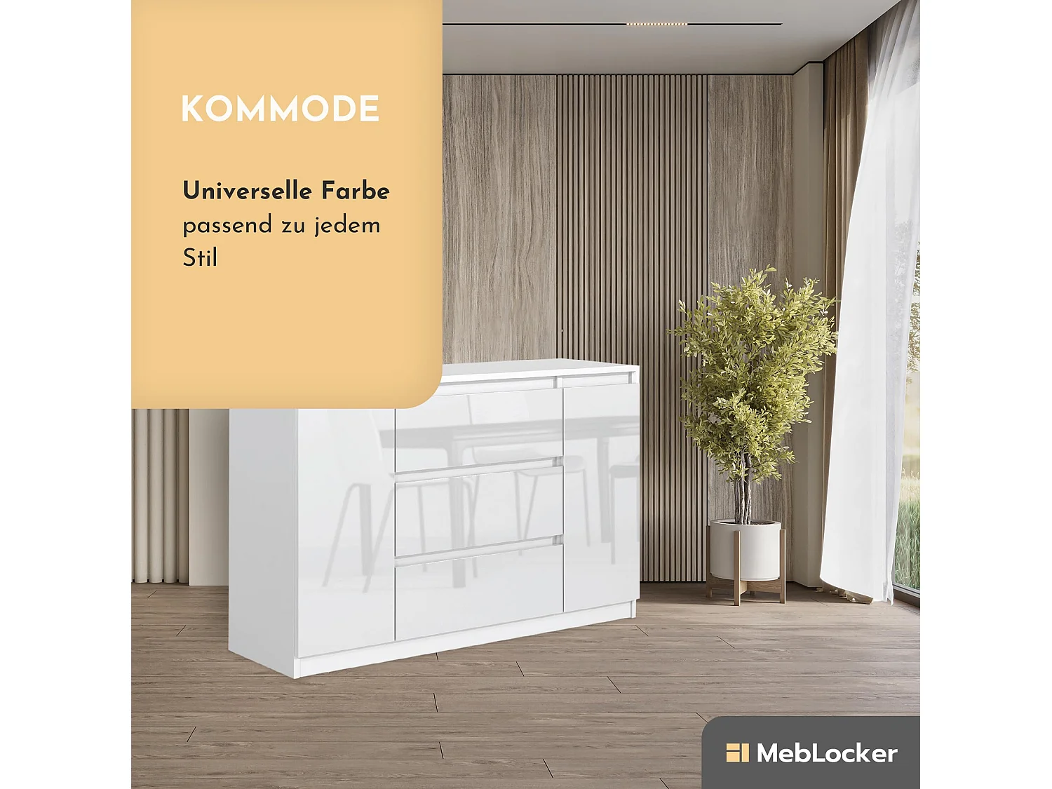 MebLocker Kommode mit 3 Schubladen, 2 Türen, 120 cm, ideal für Wohnzimmer, Schlafzimmer, Kinderzimmer und Büro