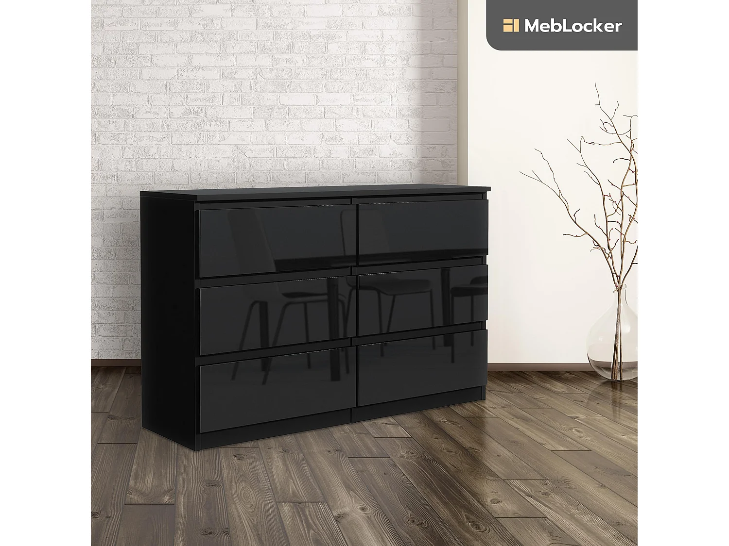 MebLocker Commode 6 Tiroirs Nior avec des Façades Brillantes 140 cm - Design Minimaliste - 138,5 x 39 x 78,5 cm - Meuble de Rangement Spacieux pour Chambre