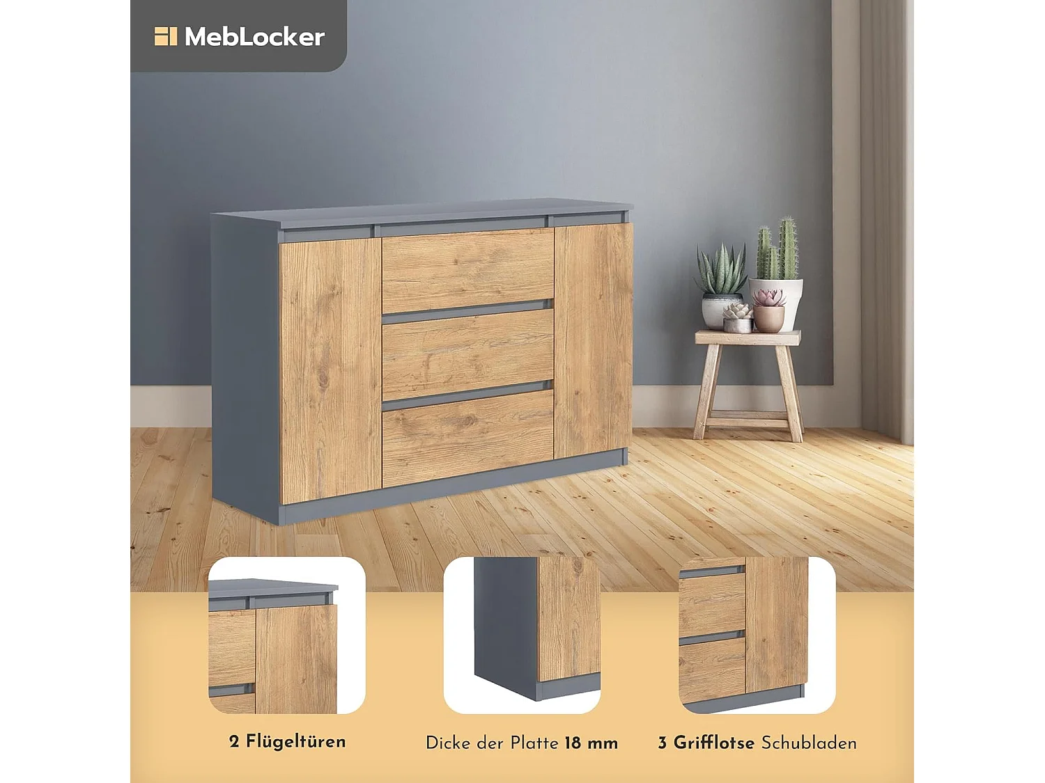 MebLocker Commode à 3 tiroirs, 2 Portes, 120 cm, idéale pour Le Salon, la Chambre à Coucher, la Chambre d'enfant et Le Bureau, Solution Moderne et  (Anthracite)