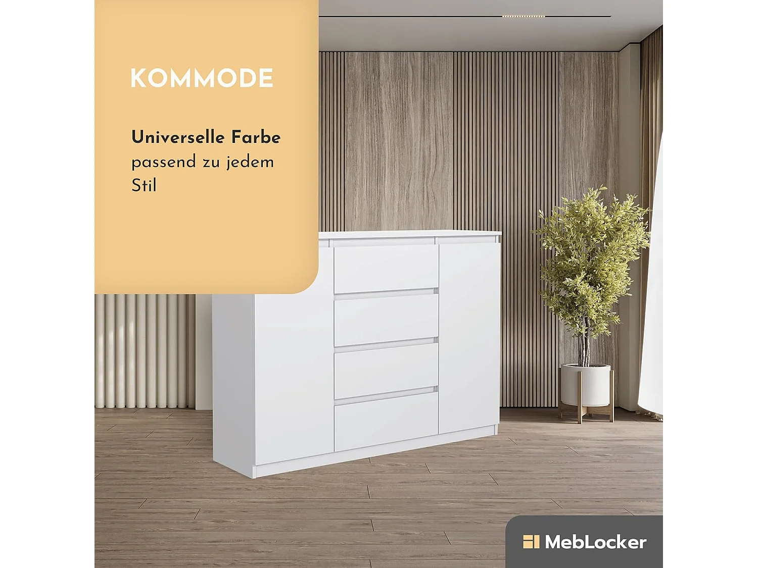 MebLocker Kommode mit 4 Schubladen, 2 Türen, 120 cm, ideal für Wohnzimmer, Schlafzimmer, Kinderzimmer und Büro, moderne und elegante Lösung