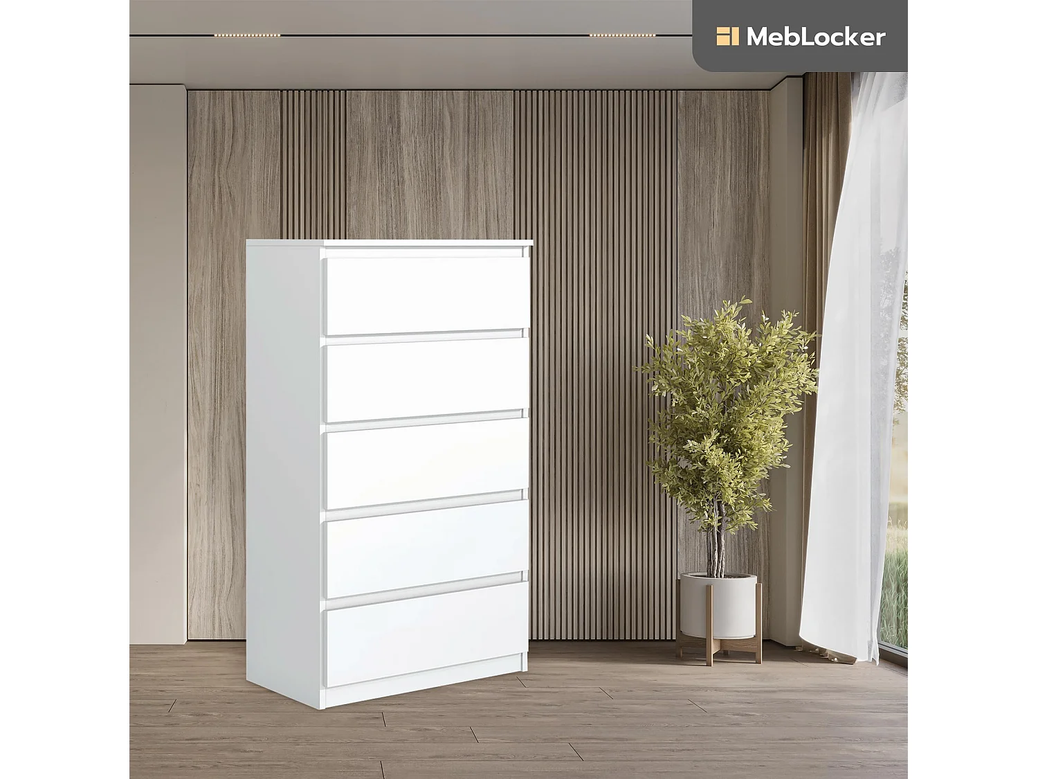 MebLocker Comòda della camera da letto 5 cassetti bianchi 70x124,5x39 cm - Armadio soggiorno - Comòda ad ingresso alto - Armadio per la camera da letto