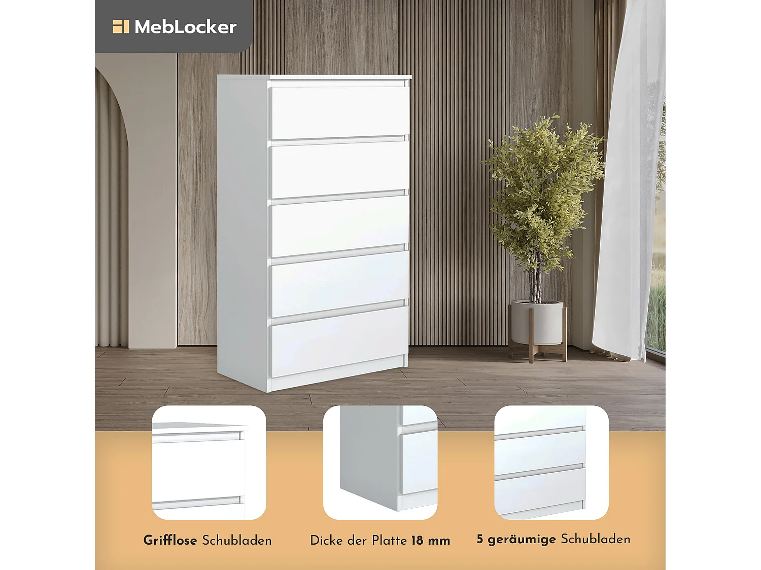 MebLocker Comòda della camera da letto 5 cassetti bianchi 70x124,5x39 cm - Armadio soggiorno - Comòda ad ingresso alto - Armadio per la camera da letto