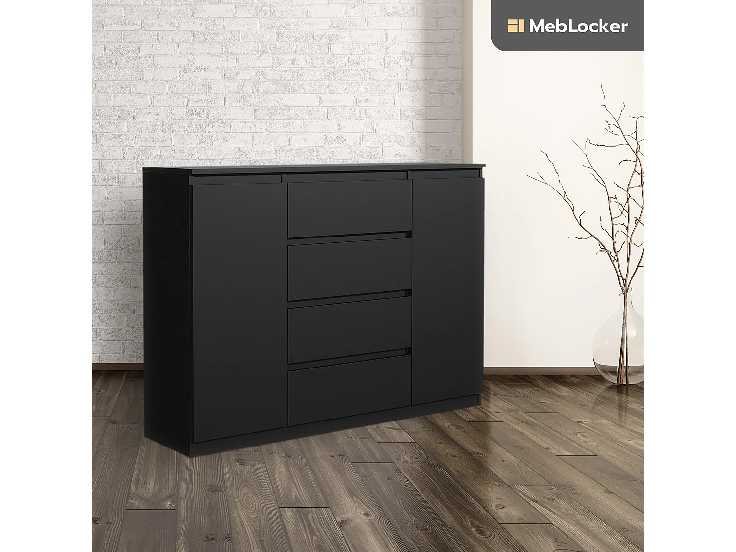 MebLocker ladekast met 4 lades, 2 deuren, 140 cm, ideaal voor de woonkamer, slaapkamer, kinderkamer en kantoor, moderne en elegante oplossing (zwart)