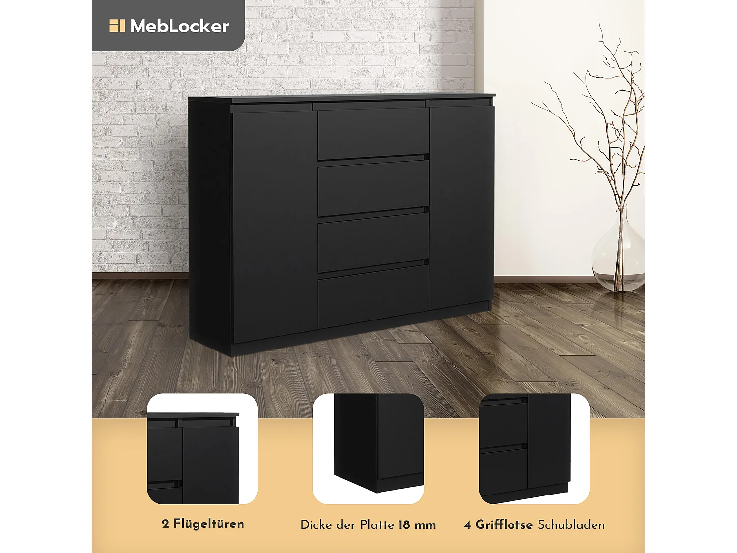MebLocker ladekast met 4 lades, 2 deuren, 140 cm, ideaal voor de woonkamer, slaapkamer, kinderkamer en kantoor, moderne en elegante oplossing (zwart)