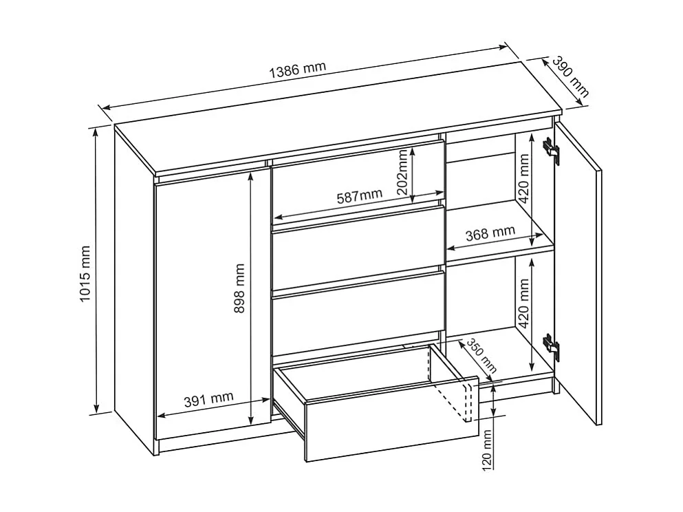 MebLocker Kommode mit 4 Schubladen, 2 Türen, 140 cm, ideal für Wohnzimmer, Schlafzimmer, Kinderzimmer und Büro,