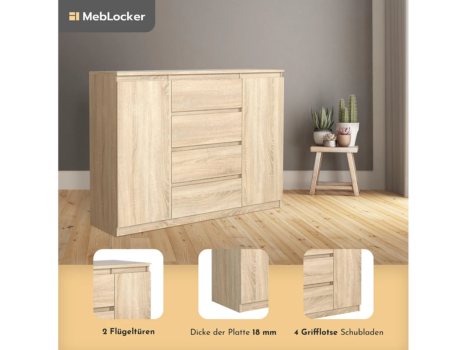 MebLocker Kommode mit 4 Schubladen, 2 Türen, 140 cm, ideal für Wohnzimmer, Schlafzimmer, Kinderzimmer und Büro,