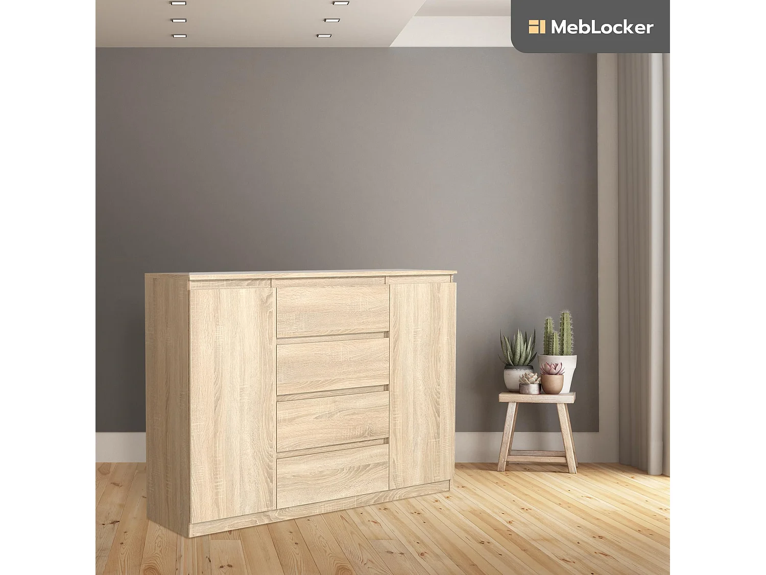 MebLocker 4-ladekast ladekast, 2 deuren, 120 cm, ideaal voor woonkamer, slaapkamer, kinderkamer en kantoor, oplossing (Sonoma Oak)