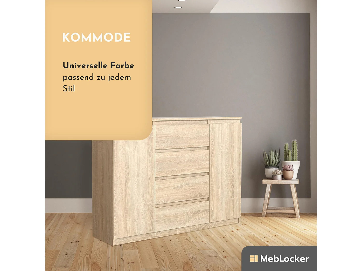 MebLocker 4-ladekast ladekast, 2 deuren, 120 cm, ideaal voor woonkamer, slaapkamer, kinderkamer en kantoor, oplossing (Sonoma Oak)