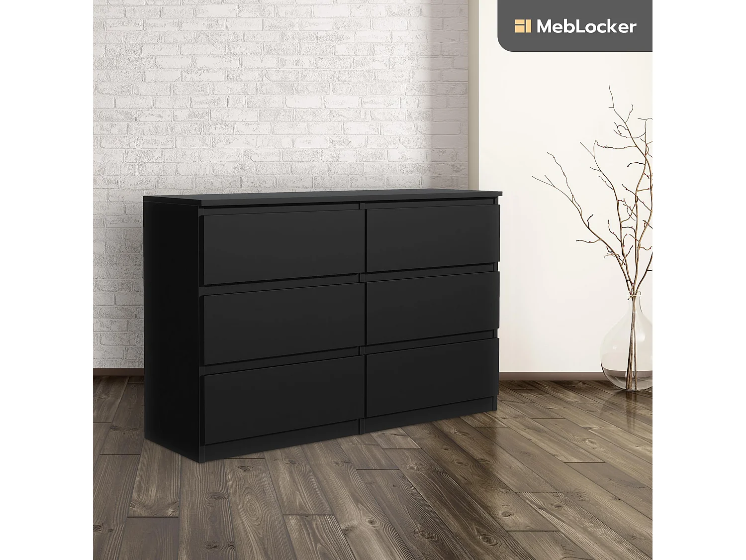 MebLocker Commode 6 Tiroirs Noir 120 cm - Design Minimaliste - 120 x 39 x 78,5 cm - Meuble de Rangement Spacieux pour Chambre, Salon ou Bureau