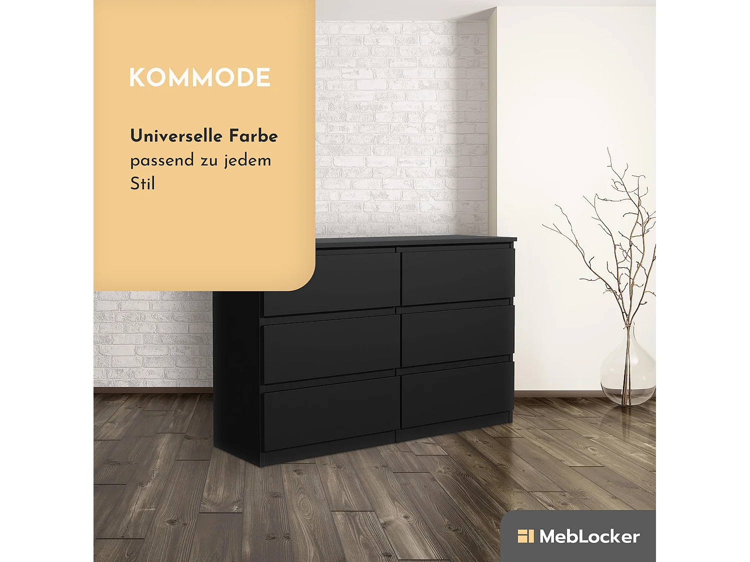 MebLocker Commode 6 Tiroirs Noir 120 cm - Design Minimaliste - 120 x 39 x 78,5 cm - Meuble de Rangement Spacieux pour Chambre, Salon ou Bureau