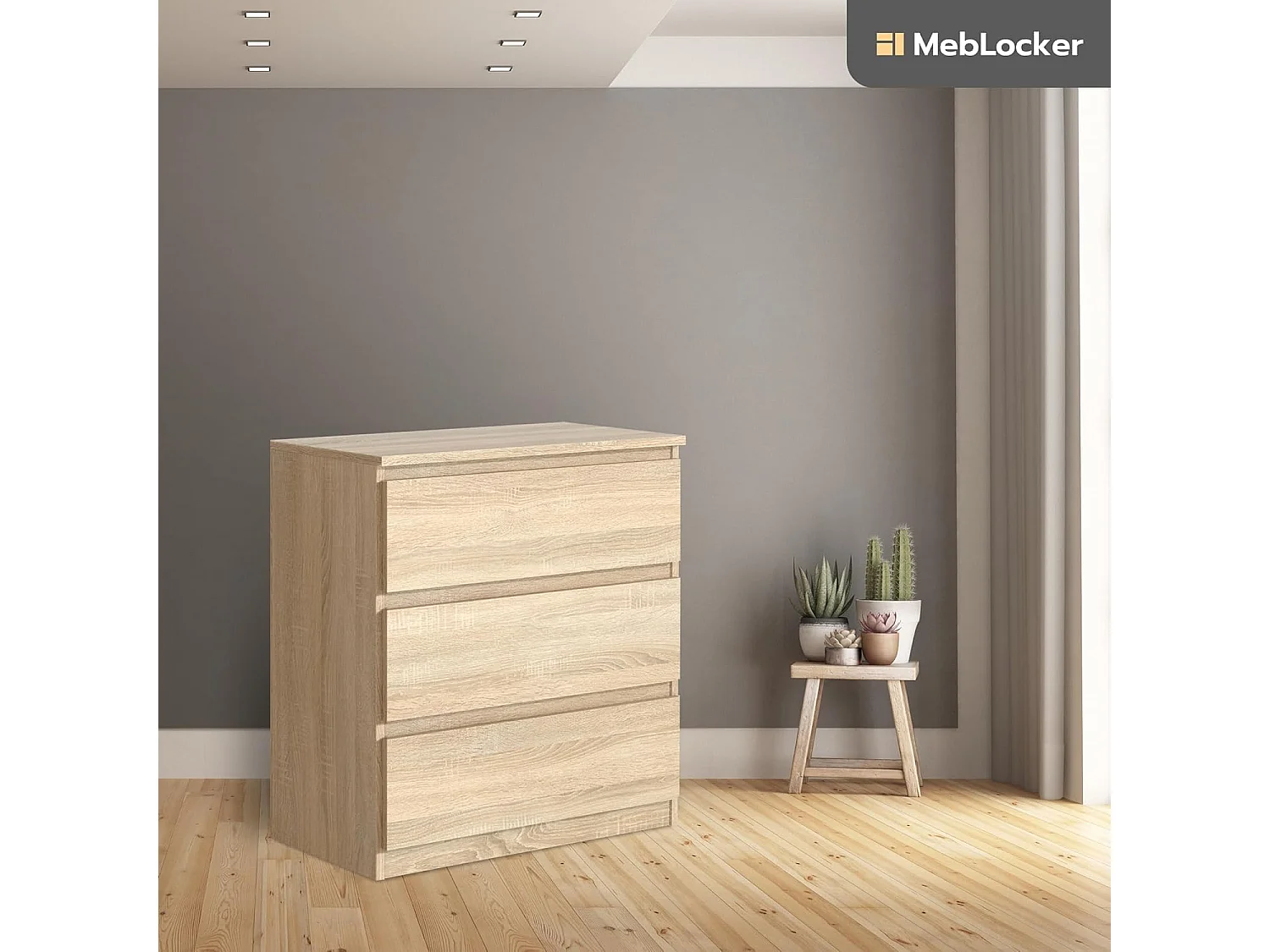 MebLocker Cómoda de 3 cajones, ideal para salón, dormitorio, habitación infantil, habitación de adolescentes y oficina, solución moderna (roble de Sonoma)