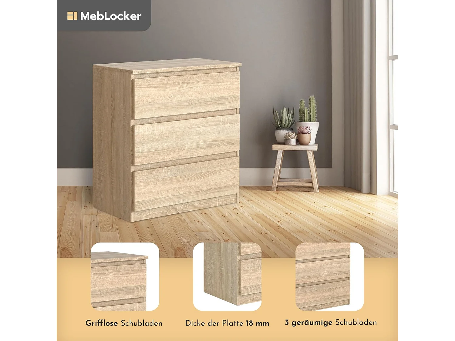 MebLocker Cómoda de 3 cajones, ideal para salón, dormitorio, habitación infantil, habitación de adolescentes y oficina, solución moderna (roble de Sonoma)