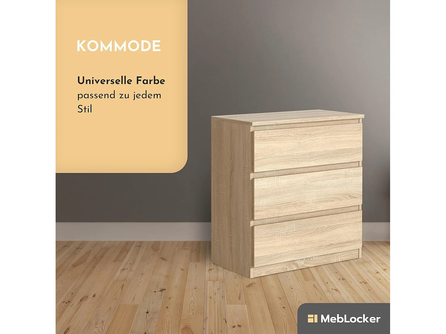 MebLocker Cómoda de 3 cajones, ideal para salón, dormitorio, habitación infantil, habitación de adolescentes y oficina, solución moderna (roble de Sonoma)