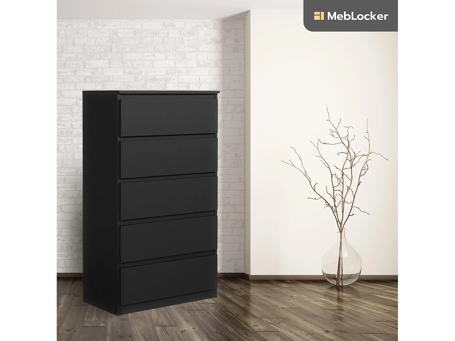MebLocker Slaapkamer Ladekast 5 Lades Zwart 70x124,5x39 cm - Woonkamer Kast - Hoge Ingang Ladekast - Slaapkamer Opbergkast