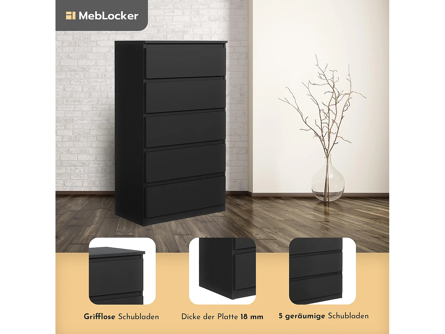 MebLocker Slaapkamer Ladekast 5 Lades Zwart 70x124,5x39 cm - Woonkamer Kast - Hoge Ingang Ladekast - Slaapkamer Opbergkast